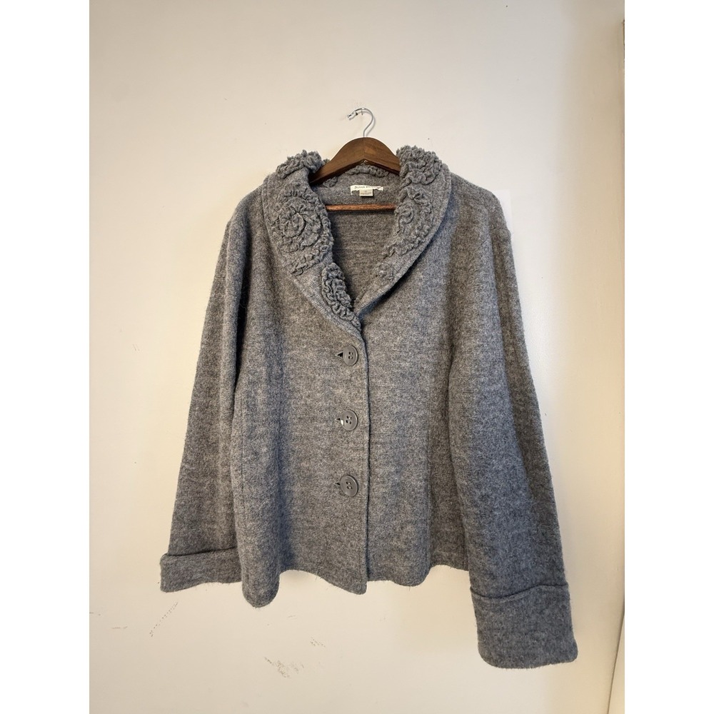 Susan Bristol Wool Cardigan Sweater Jacket XL Gray Ruffle Floral Collar Button